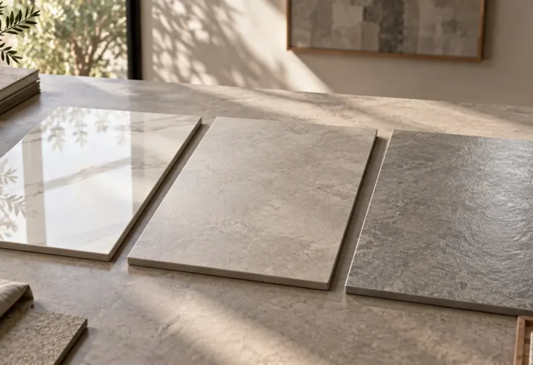 Ilustração de três placas de porcelanato com superfícies brilhante, acetinada e texturizada sob a mesma luz.
