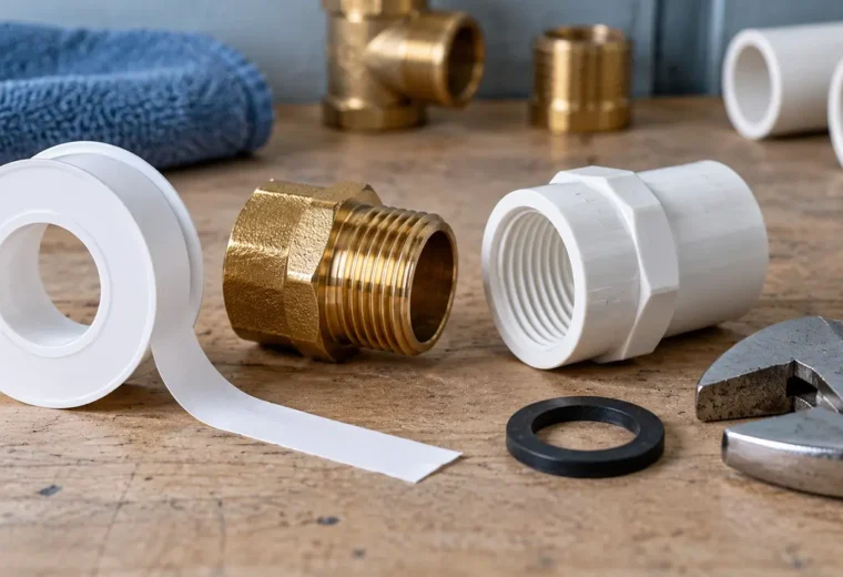 Ilustração de fita PTFE, conexões roscadas de metal e PVC, anel de vedação e chave ajustável.